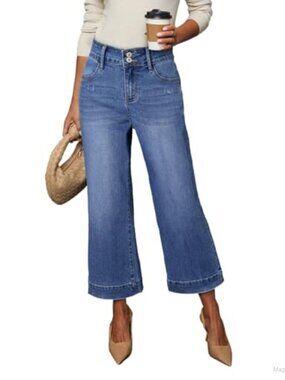 Womens High Waisted Wide Leg Baggy Jeans Stretch Denim